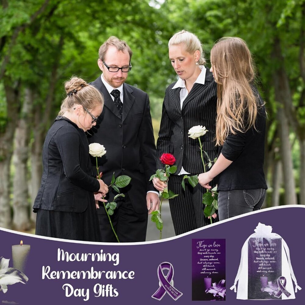 Funeral Awareness Lapel Pins 60 Pack Purple Ribbon Brooches with Prayer Cards - Picture 6 of 6